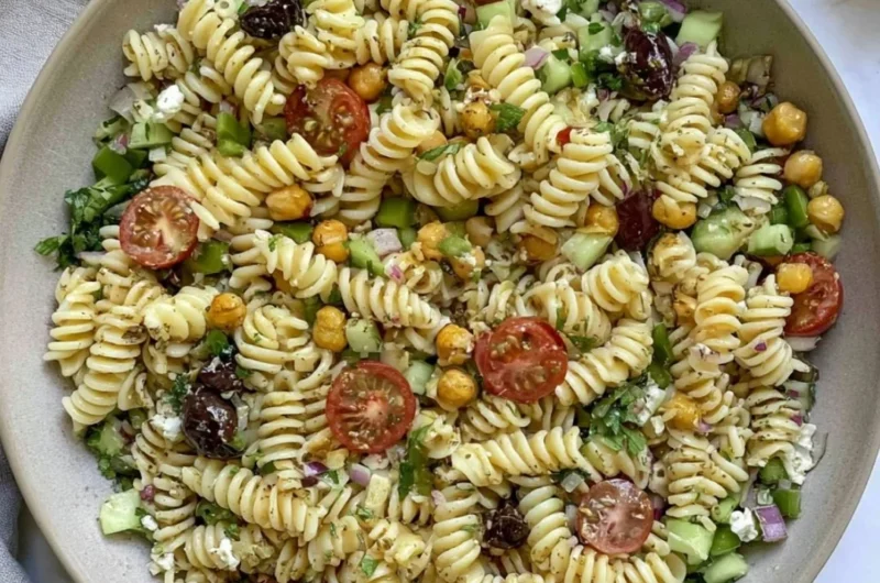 Cozy Vegan Greek Pasta Salad with fresh vegetables and herbs