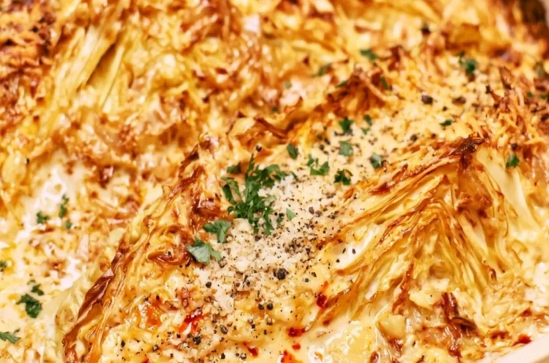 Creamy garlic butter cabbage dish garnished with herbs.