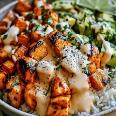 Delicious easy coconut chicken rice bowl with fresh vegetables and herbs