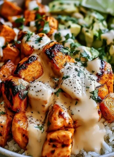 Delicious easy coconut chicken rice bowl with fresh vegetables and herbs