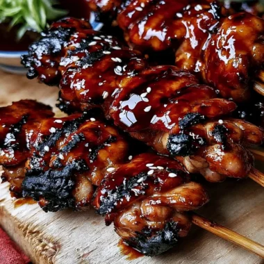 Plate of easy Japanese chicken skewers grilled to perfection