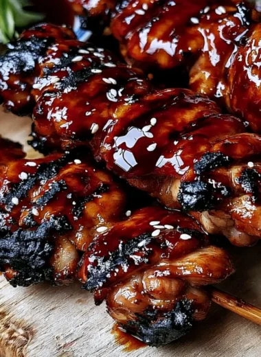 Plate of easy Japanese chicken skewers grilled to perfection