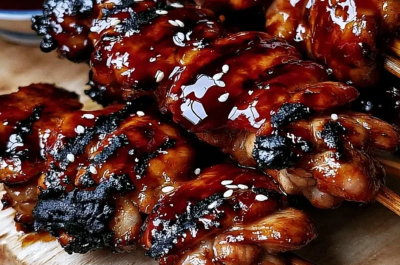Plate of easy Japanese chicken skewers grilled to perfection