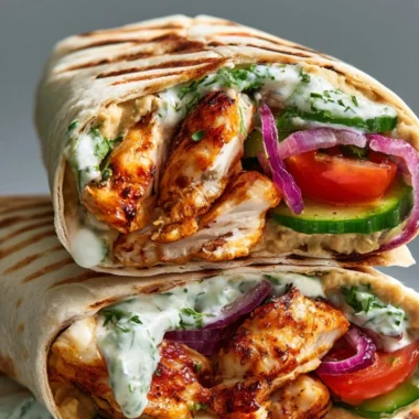 Greek Chicken Wraps with fresh vegetables and tzatziki sauce
