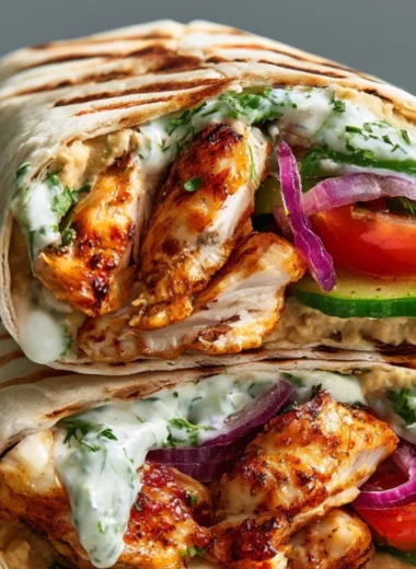 Greek Chicken Wraps with fresh vegetables and tzatziki sauce