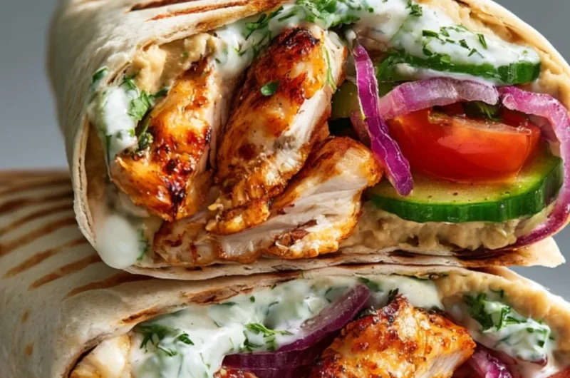 Greek Chicken Wraps with fresh vegetables and tzatziki sauce