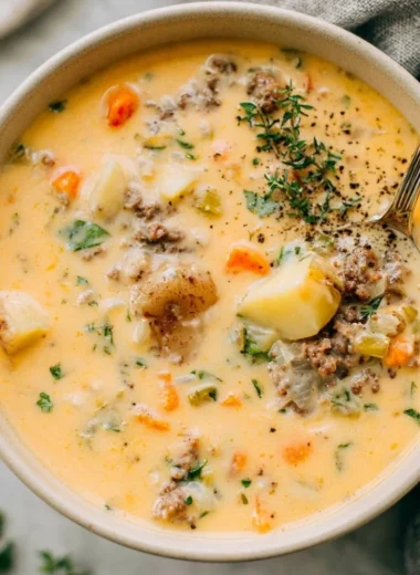 Bowl of legendary sausage potato soup with fresh herbs and bread on the side.