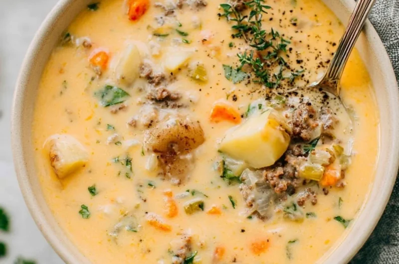 Bowl of legendary sausage potato soup with fresh herbs and bread on the side.