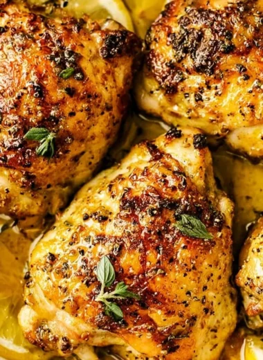 A plate of lemon chicken garnished with fresh herbs and lemon slices