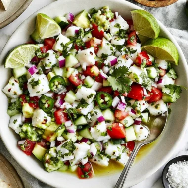 Delicious Mexican ceviche with shrimp, lime, and fresh vegetables in a bowl