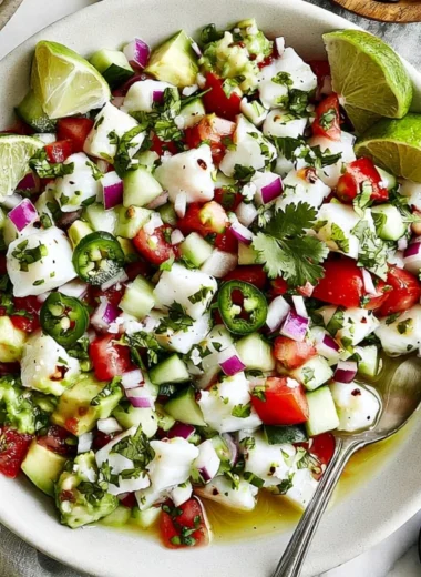 Delicious Mexican ceviche with shrimp, lime, and fresh vegetables in a bowl