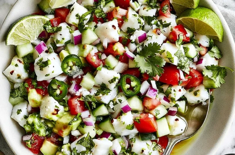 Delicious Mexican ceviche with shrimp, lime, and fresh vegetables in a bowl