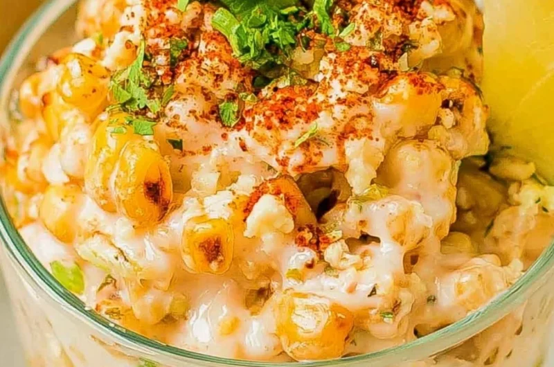 Delicious Mexican Corn in a Cup (Esquites) topped with cheese and spices
