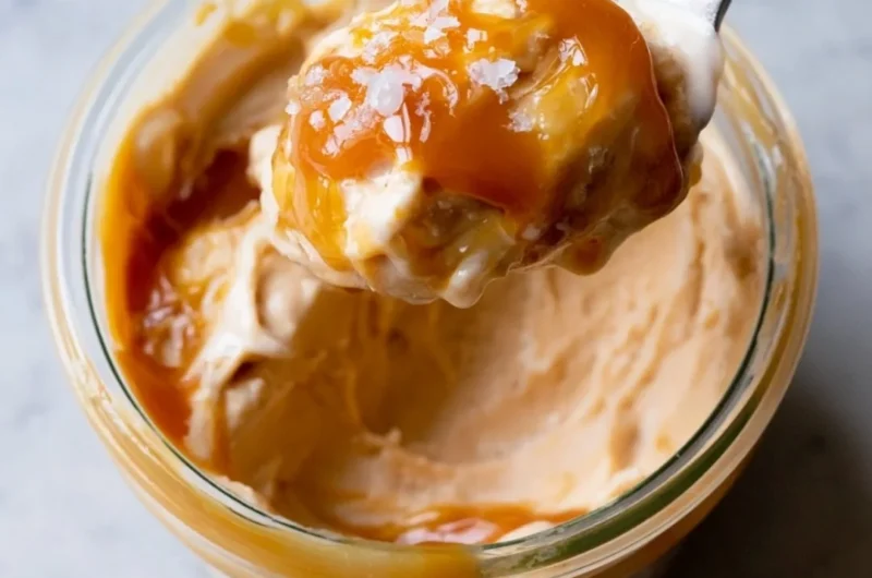 Delicious Ninja Creami salted caramel protein ice cream in a bowl.