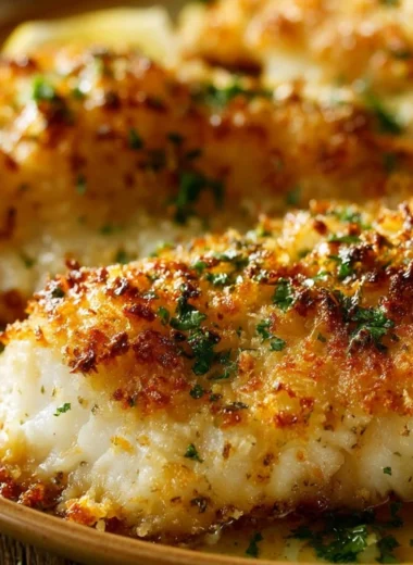 Oven-baked Parmesan Crusted Tilapia served with lemon and herbs