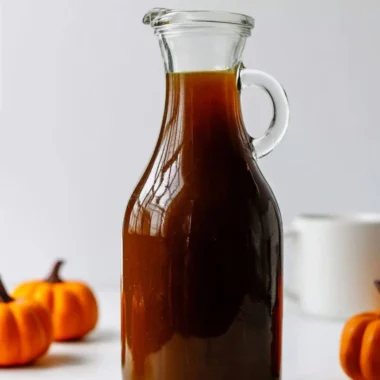 Pumpkin spice syrup bottle for flavoring tea and coffee
