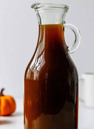 Pumpkin spice syrup bottle for flavoring tea and coffee