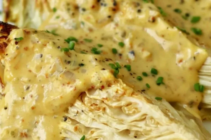 Plate of roasted cabbage wedges drizzled with onion-Dijon sauce