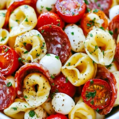 Delicious roasted red pepper and parmesan tortellini salad in a bowl