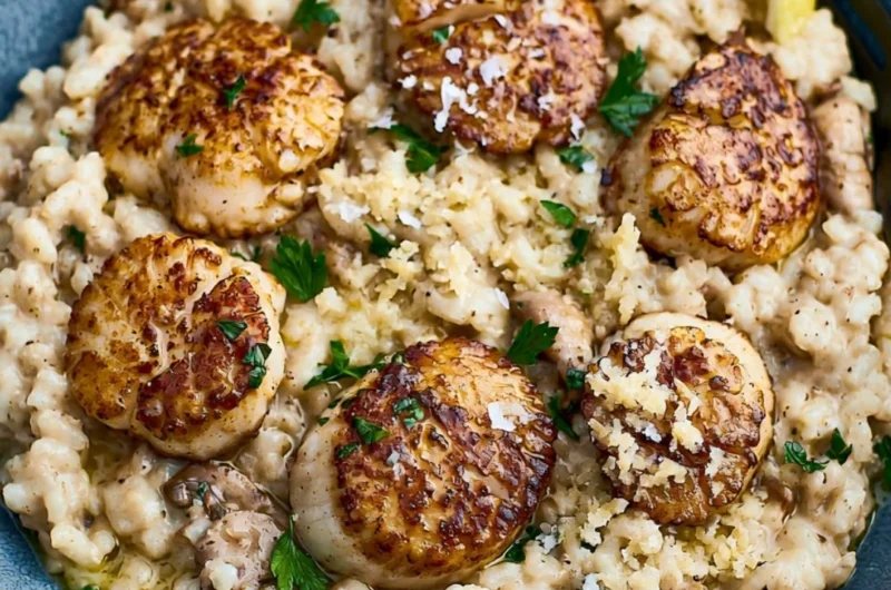 Delicious scallops served on creamy risotto in a gourmet dish