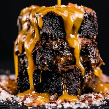 Gourmet smoked brownies served on a wooden platter with chocolate drizzle.