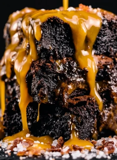 Gourmet smoked brownies served on a wooden platter with chocolate drizzle.