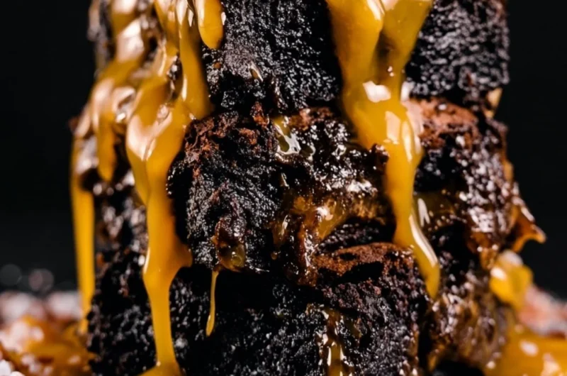 Gourmet smoked brownies served on a wooden platter with chocolate drizzle.