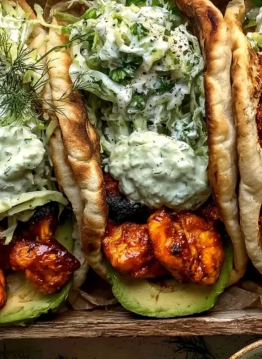 Sheet pan chicken pitas with herby ranch dressing on a plate