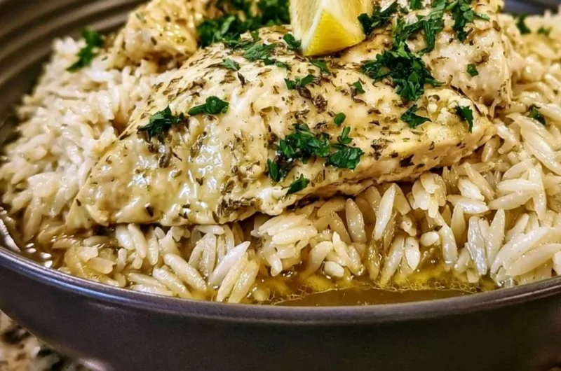 Slow Cooker Lemon Herb Chicken served with rice and herbs