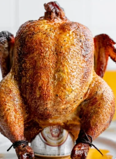 Deliciously smoked beer can chicken on a grill, ready to serve.