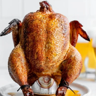 Delicious smoked beer can chicken on a grill plate