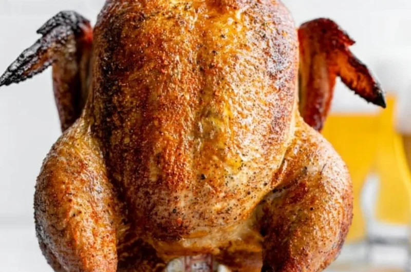 Delicious smoked beer can chicken on a grill plate