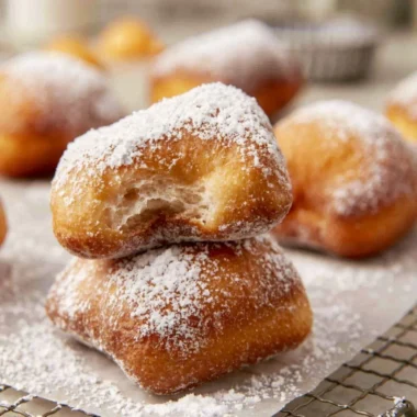 Homemade sourdough beignets dusted with powdered sugar on a plate.