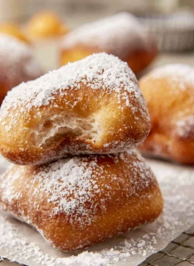 Homemade sourdough beignets dusted with powdered sugar on a plate.