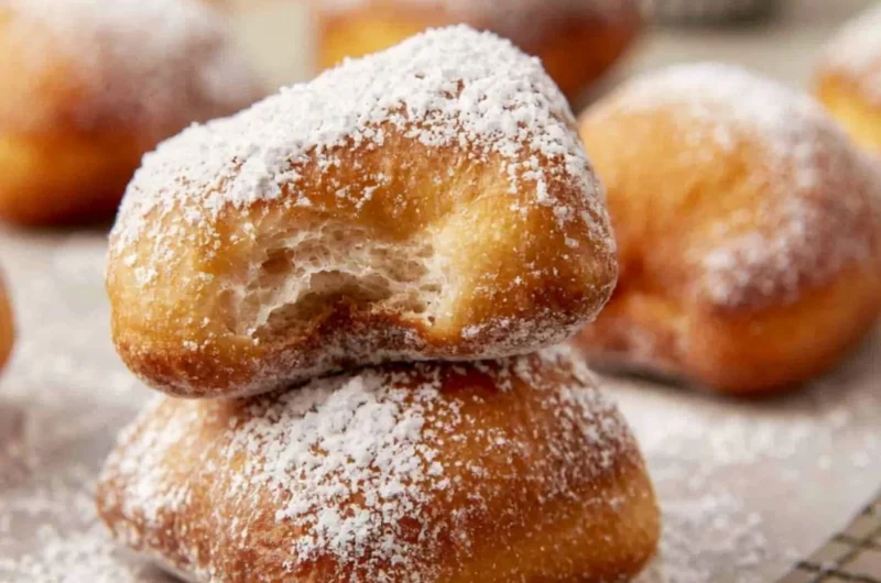 Homemade sourdough beignets dusted with powdered sugar on a plate.