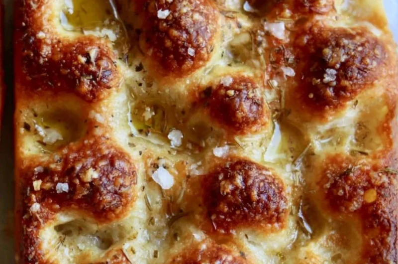 Freshly baked sourdough focaccia with herbs and olive oil