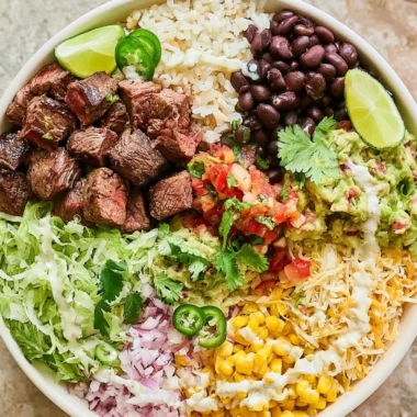 Delicious steak burrito bowl inspired by Chipotle recipe with fresh ingredients
