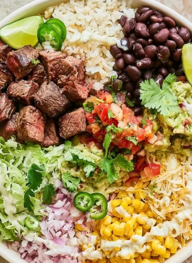 Delicious steak burrito bowl inspired by Chipotle recipe with fresh ingredients