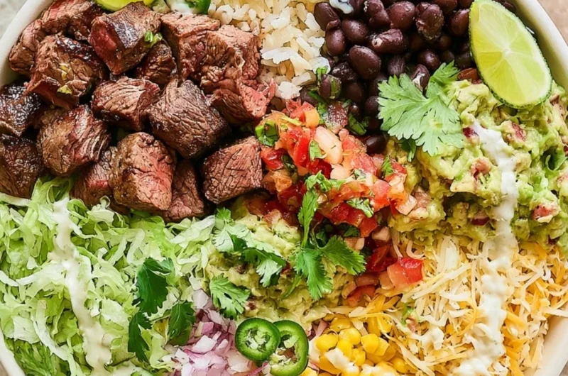 Delicious steak burrito bowl inspired by Chipotle recipe with fresh ingredients