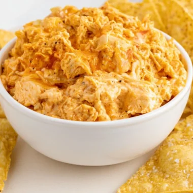 Deliciously smoked Buffalo Chicken Dip served with tortilla chips