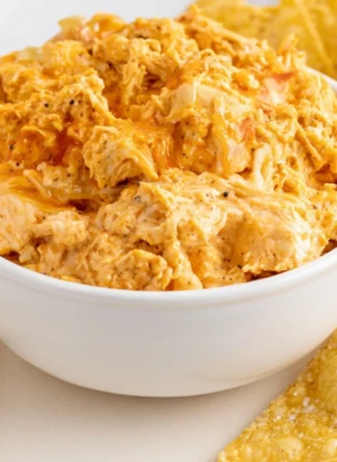 Deliciously smoked Buffalo Chicken Dip served with tortilla chips