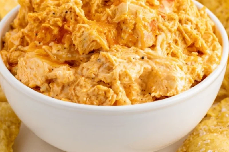 Deliciously smoked Buffalo Chicken Dip served with tortilla chips
