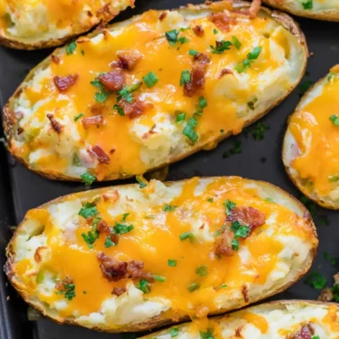 Delicious twice baked potatoes topped with cheese and chives.