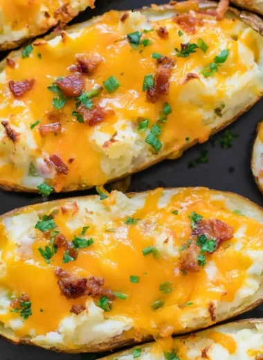Delicious twice baked potatoes topped with cheese and chives.