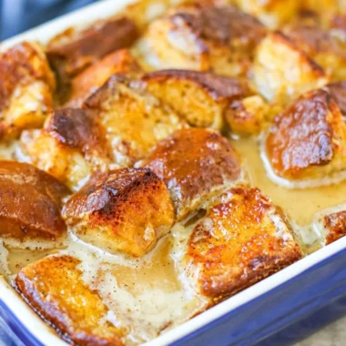 Delicious homemade bread pudding served in a cozy bowl