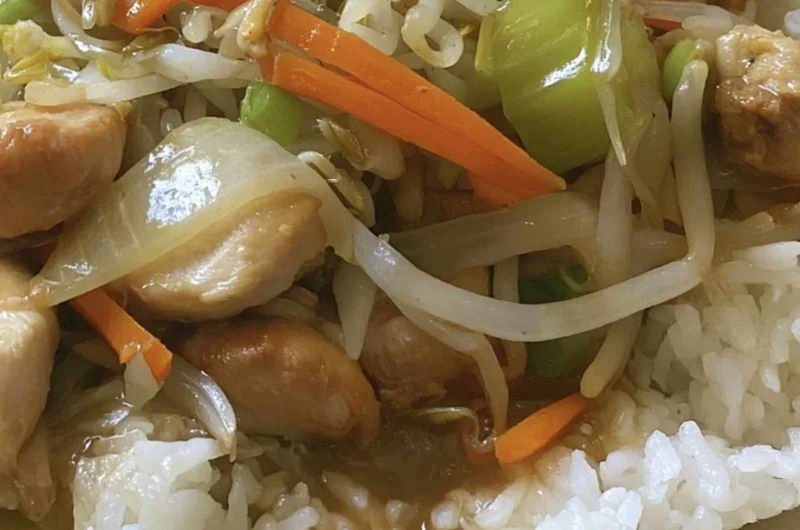 Delicious bowl of Cozy Cantonese Chicken Chow Mein with vegetables and chicken