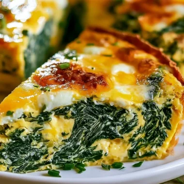 Crustless spinach quiche served on a white plate with fresh herbs