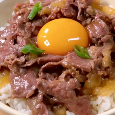Delicious Cozy Gyudon Japanese beef bowl topped with scallions and egg.