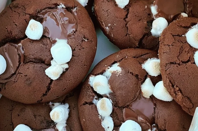 Delicious hot chocolate cookies with melted chocolate and marshmallows