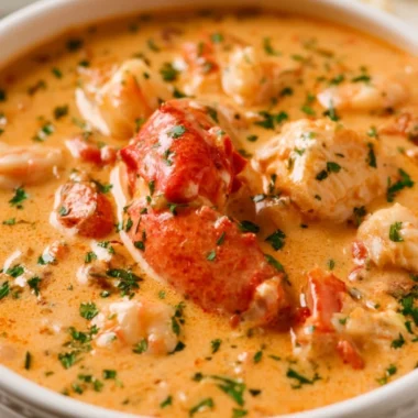 A bowl of creamy Seafood Bisque garnished with fresh herbs and seafood